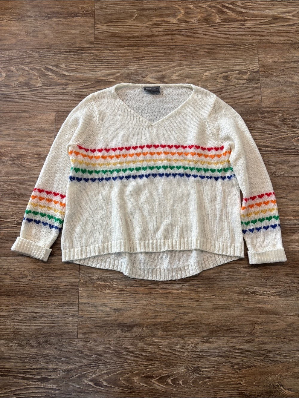 Wooden Ships Cream V-Neck Rainbow Heart Stripe Sweater Women's Size XS/Small